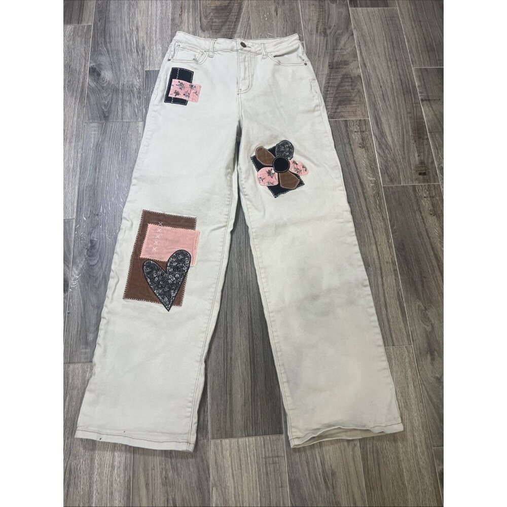 SO Corduroy Patchwork Cream Wide Leg Denim Jeans High Rise Boho Hippie Sz 9/29W